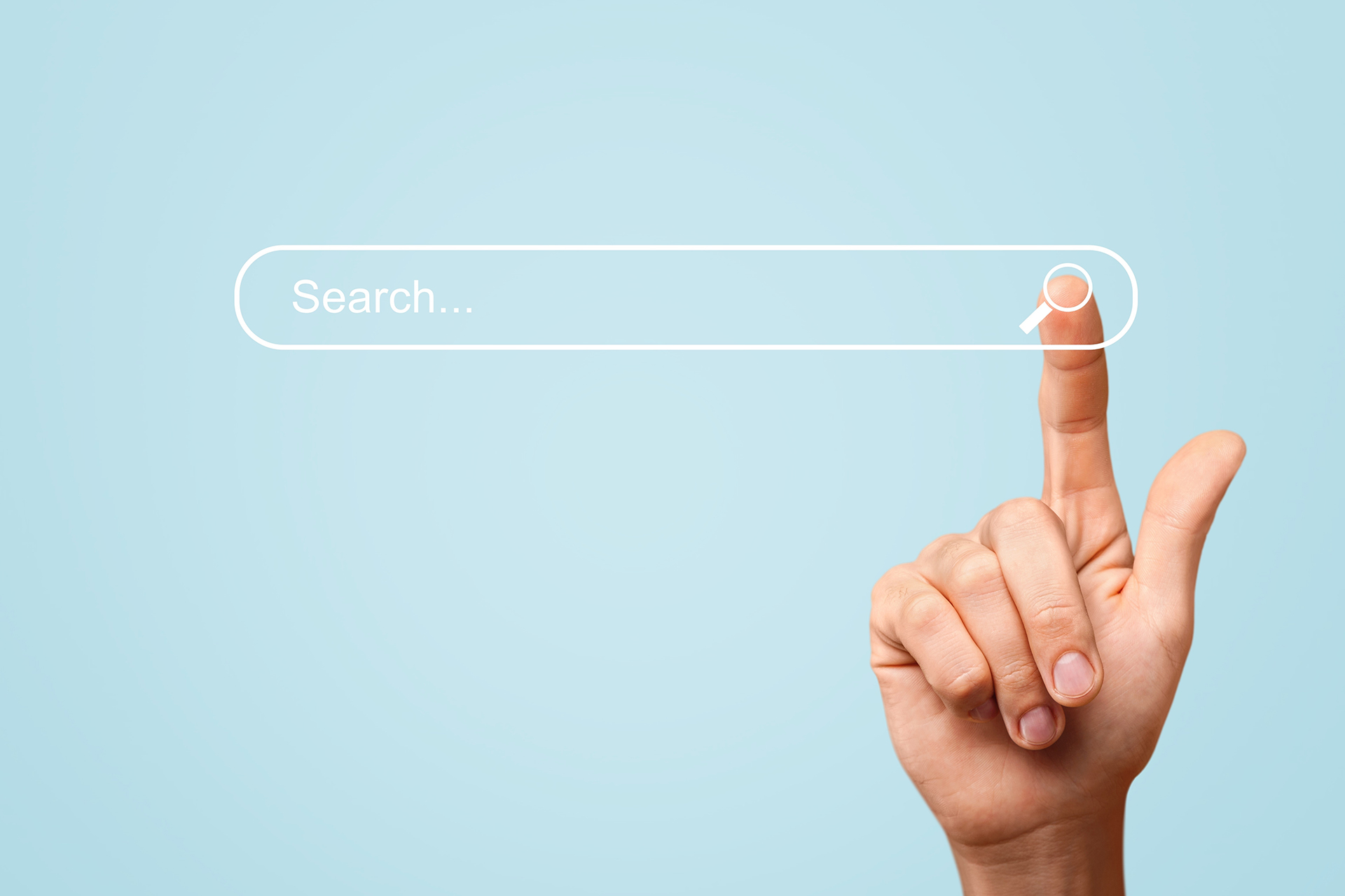 Searching information concept. Hand of man touching in icon sear